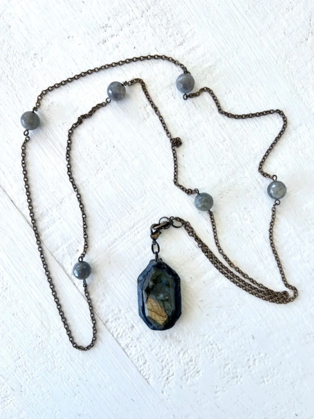 Long Chain Necklace with Labradorite Stones and Medallion